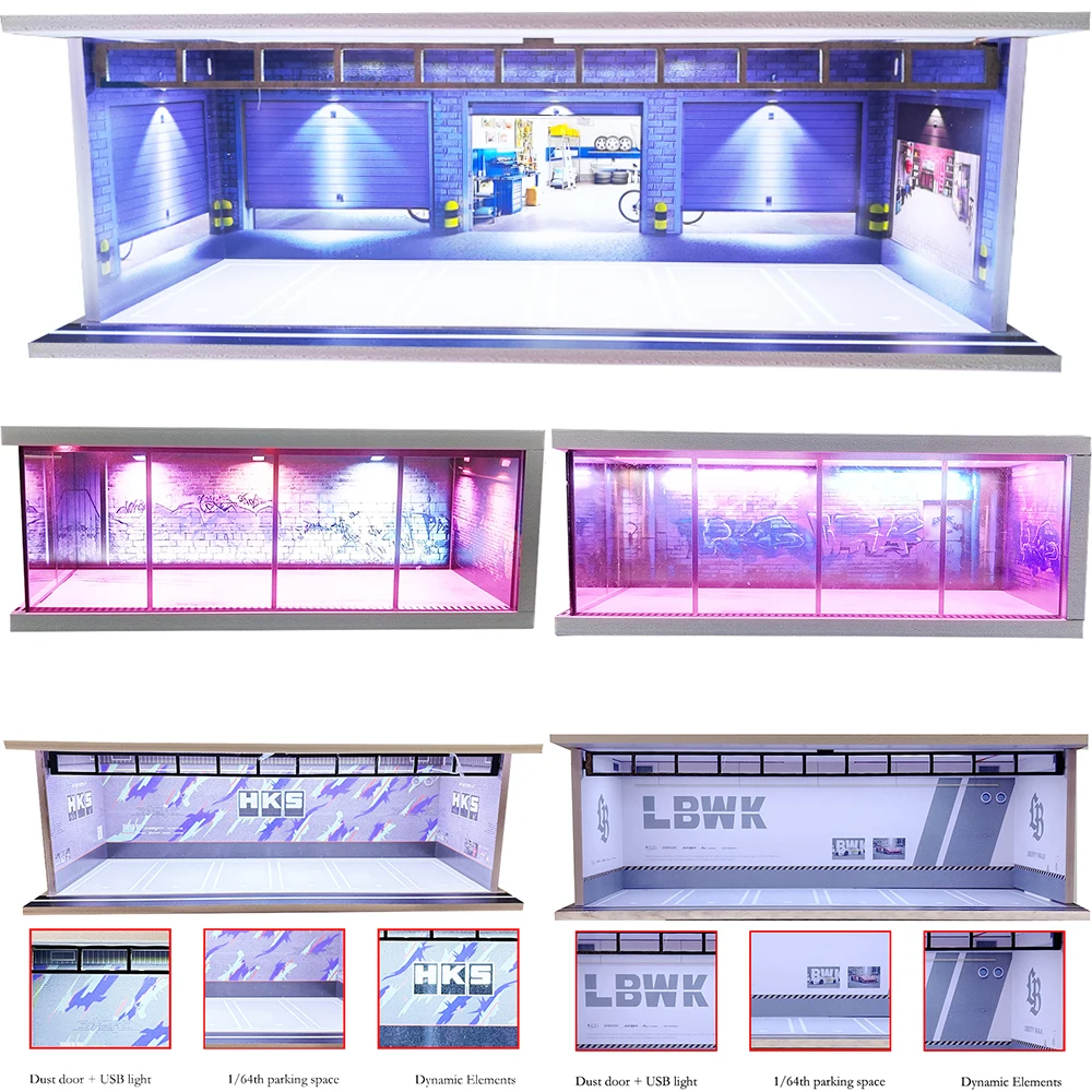 1/64 디오라마 자동차 주차장 모형 LED 조명 빈티지 붉은 벽돌 자동차 차고 전시 장면 미니어처 모형 장난감 박스