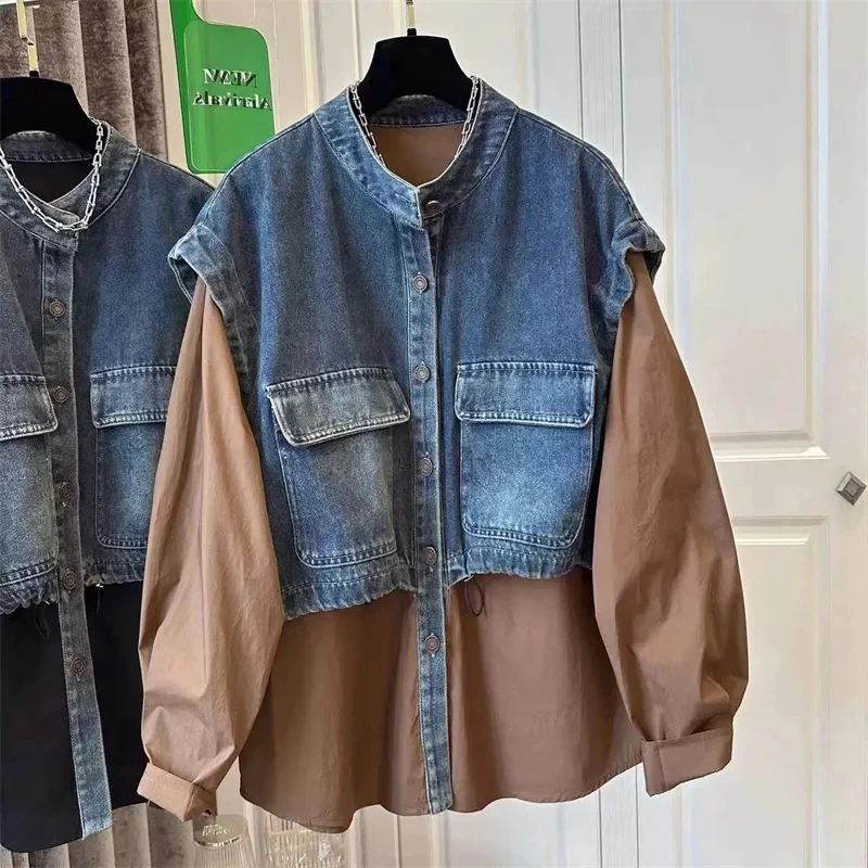 

2024 Spring Autumn New Fashion Korean Splicing Fake Two-Piece Denim Jacket Women Long sleeves Loose Jean Jacket Female Windbrea