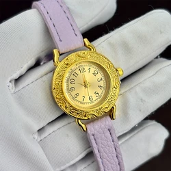 Elegant Women's Leather Watch with Retro Round Dial and Slim Gold Strap (Golden purple)