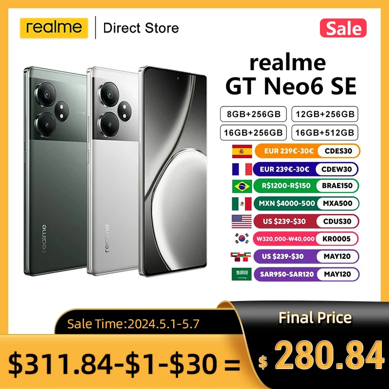 

Смартфон realme GT Neo6 SE, телефон с планшетом 50 МП, Snapdargon 7 Plus Gen 3, 6,78 дюйма, 120 Гц, 6000, nitAMOLED, 5500 мАч, 100 Вт, зарядное устройство