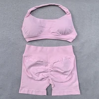 Shorts Set 2 Pieces Seamless Yoga Set Workout Tracksuit Women Halter Sport Bra And Low Waist Scrunch Bum Gym Shorts Suits - Image 5