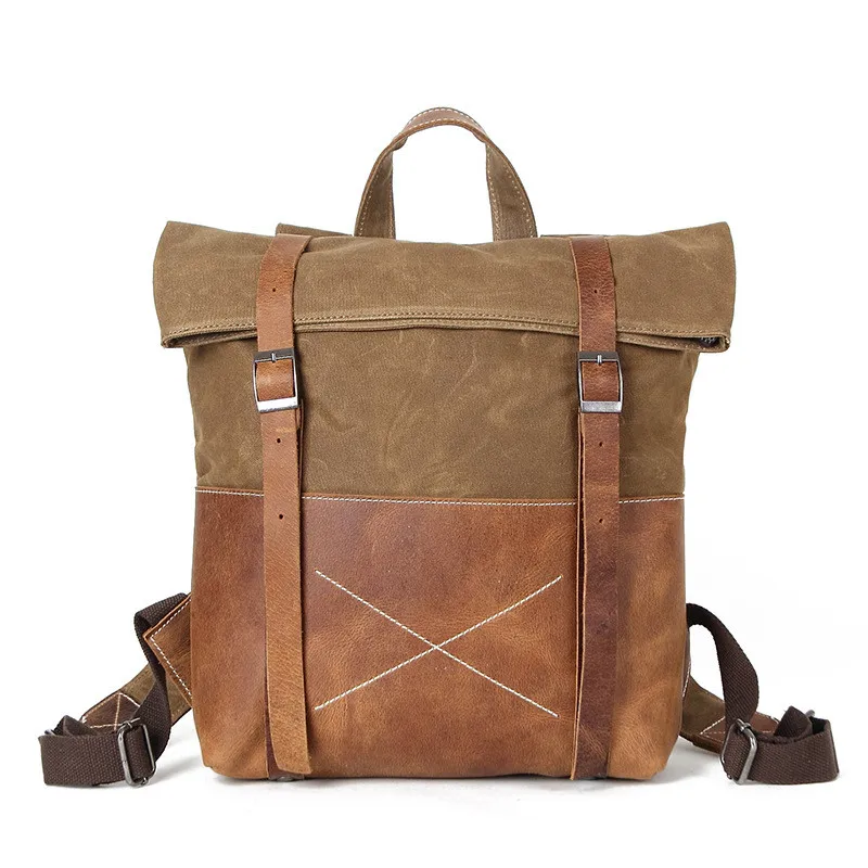 Men Wearproof Waxed Canvas Backpack School Bag Retro Solid Color Leather Large Capacity Students Bag Waterproof Travel Daypacks