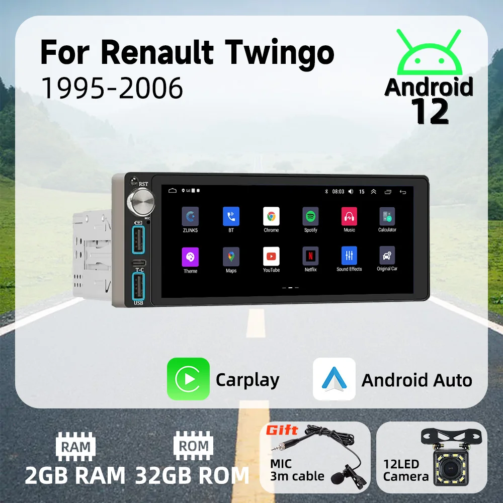 

Carplay Autoradio 6.86" 1Din Radio Android Car Multimedia for Renault Twingo I 1995-2006 Stereo Head Unit GPS Navigation Wifi BT