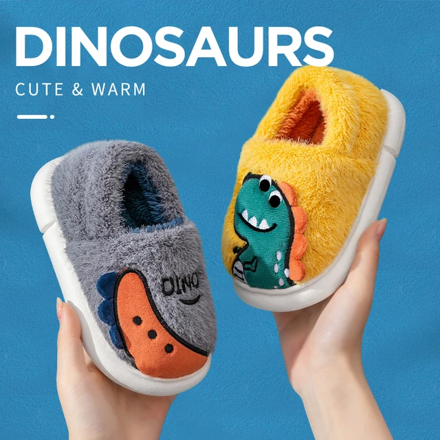 Kids' Warm Cotton Shoes Dinosaur Embroidery Decoration Heel Wrap Plush Slippers Soft Sole Non-slip Boy Girl Indoor Home Winter