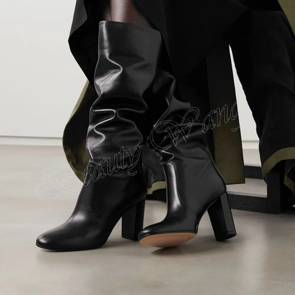 

Black Pleated Knee High Boots Slip on Chunky High Heel Square Heel Shoes for Women High Heel Fashion 2023 New Zapatillas Mujer
