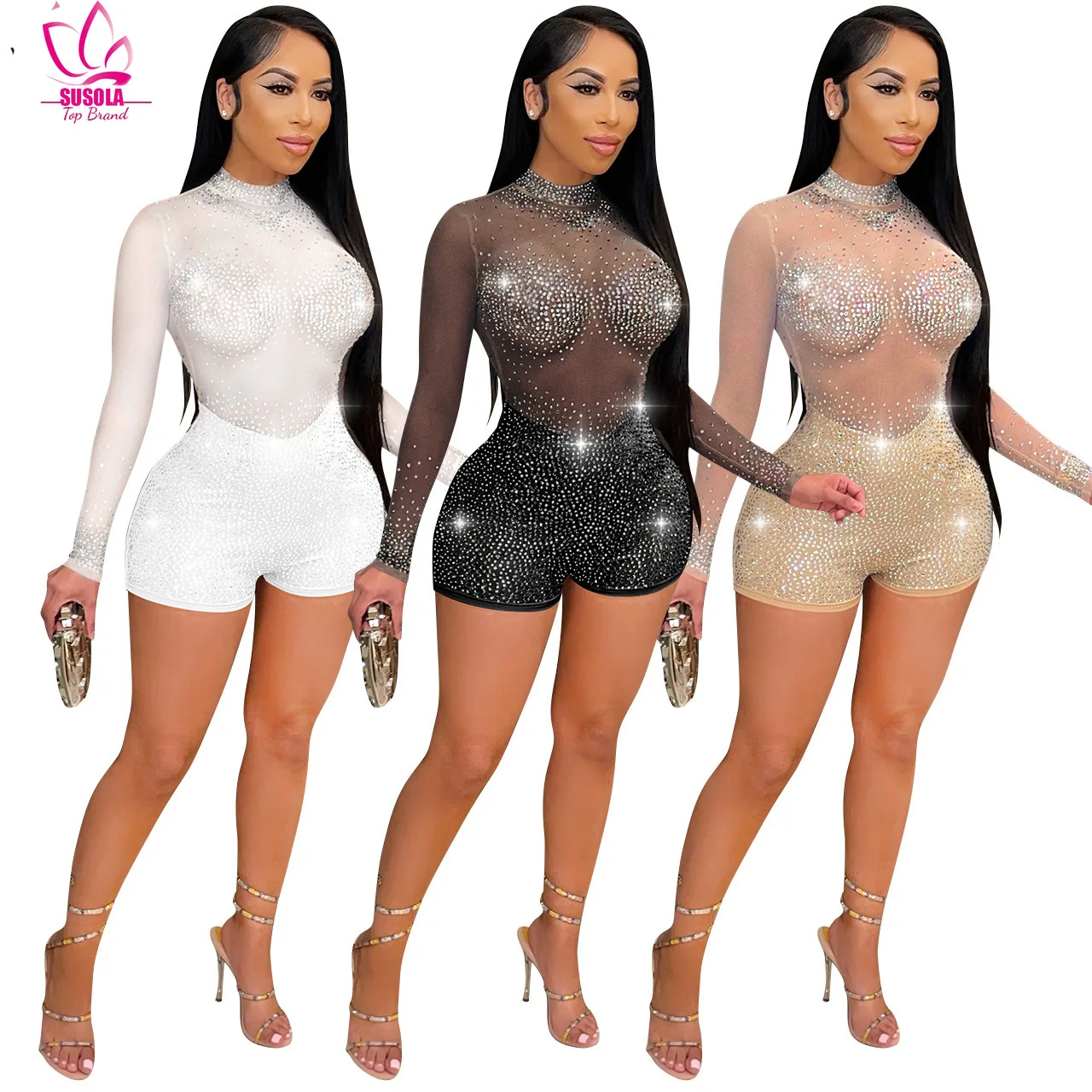 

SUSOLA Diamonds Rompers And Jumpsuits Summer Sexy Short Jumpsuits For Women Casual Mesh See Through Long Sleeve Romper Playsuit