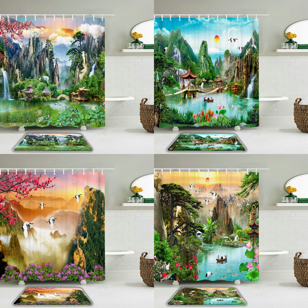 

Mountains Waterfall Forest Scenery Shower Curtains Set Bathroom Waterproof Fabric For Non-slip Mat Toilet Bathroom Home Decor