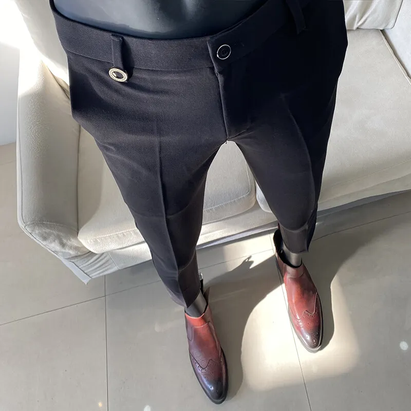 Men Suit Pant Autumn Solid Elastic Waist Dress Pants Cal&ccedil;a Masculina Men Slim Business Office Social Ankle Length Trousers stretch pants business pants suit pants men pants