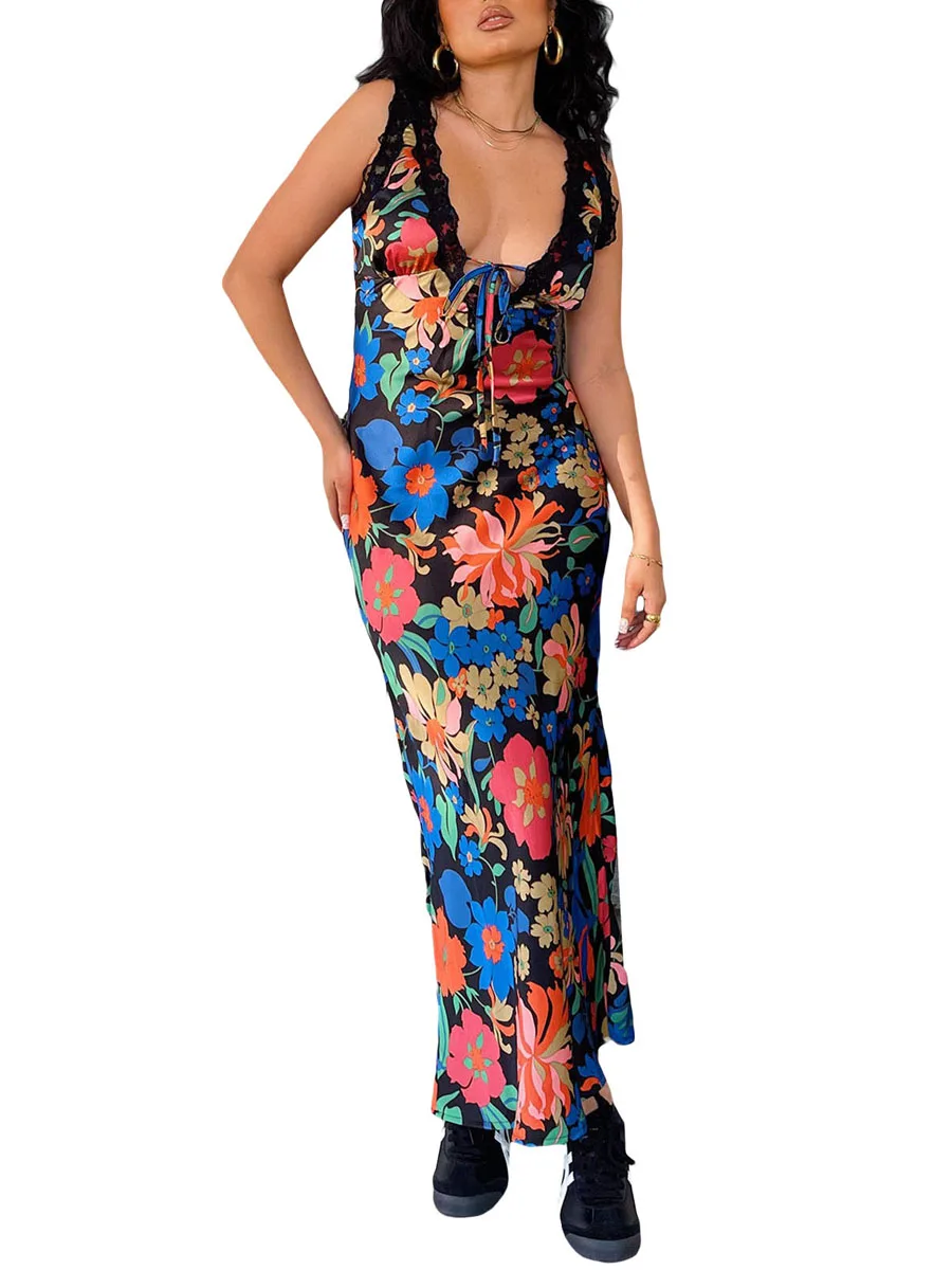 

Women Sexy Deep V-Neck long dress Floral Printed Maxi Dress Sleeveless Lace Patchwork Slip Dress 2024 Summer Beachwear