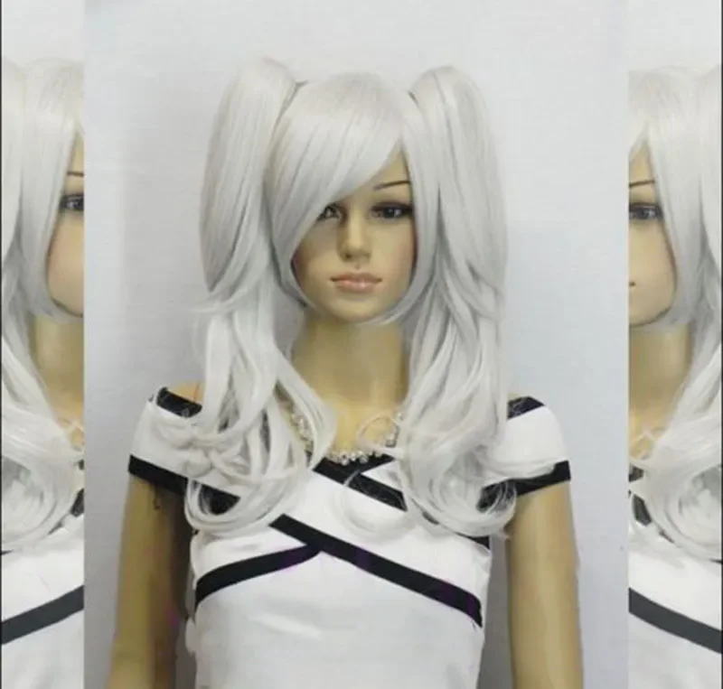 

Wholesale Details about Women cosplay Long straight wavy silver white two clip-on ponytail hair full wig