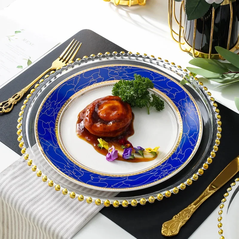 Nordic Blue Dinner Plate Set Bead Glass Charger Plate for Dinner Fancy Serving for Wedding 10 inch beautiful Crockery
