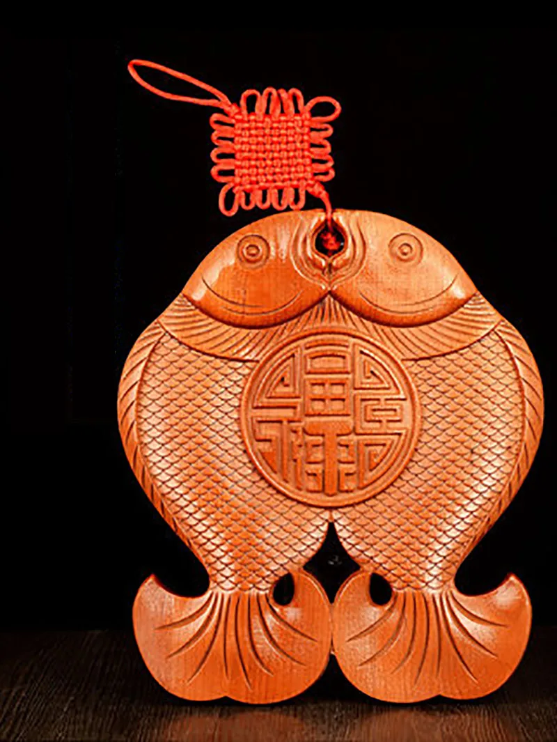 Double Fish Chinese Feng Shui Peach Wood Carving Ornament, Home Living Room Decor
