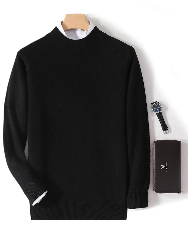 Spring Autumn 100% Pure Merino Wool Pullover Sweater Men Mock-Neck Long-sleeve Cashmere Basic Knitwear Clothing