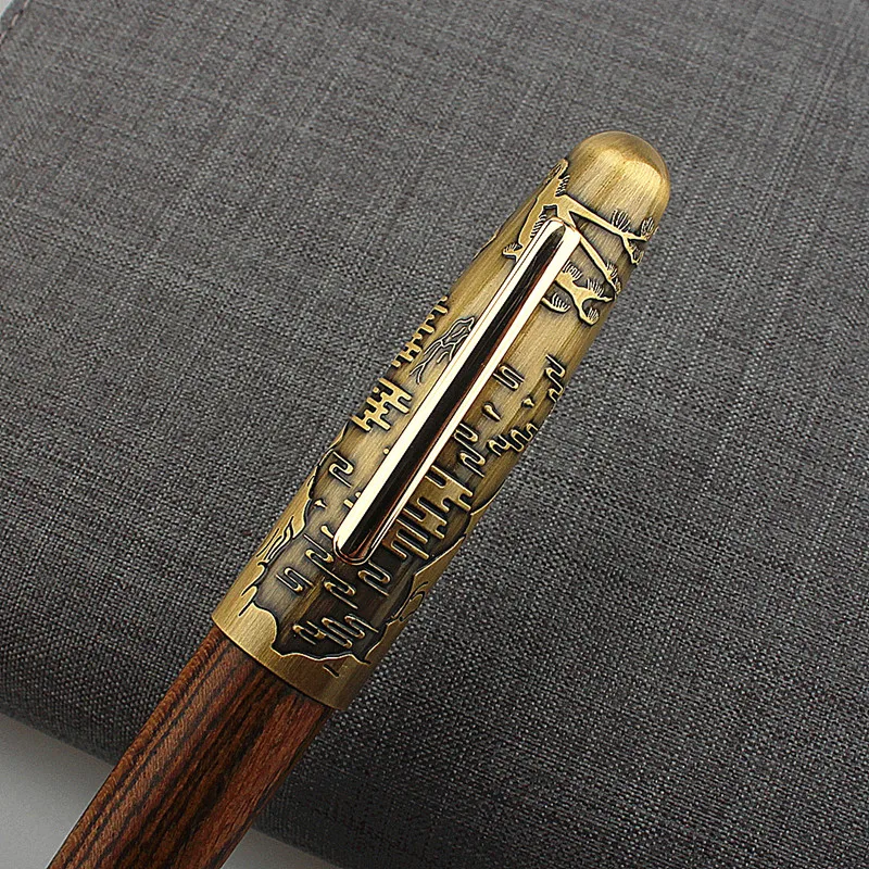JinHao 9056 나무 만년필, 호랑이 조각, 벤딩 캡, 사무용품, 고급 잉크 펜
