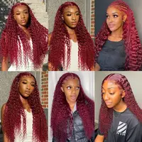 Cheveux bouclés ondulés profonds de 36 pouces # Perruques en cheveux humains brésiliens 99J, perruque frontale en dentelle transparente 13x4 couleur vin rouge, perruque frontale en dentelle HD 13x6 8