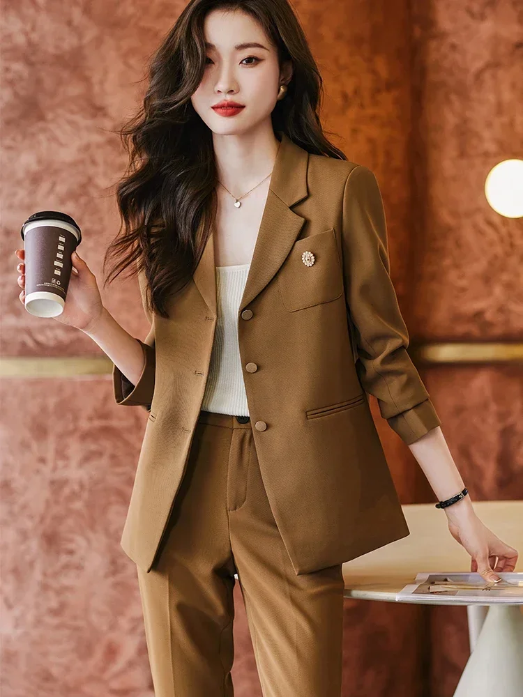 

Fashion Black Coffee Beige Pant Suit Ladies Formal 2 Piece Set Women Business Work Wear Long Sleeve Jacket Blazer And Trouser