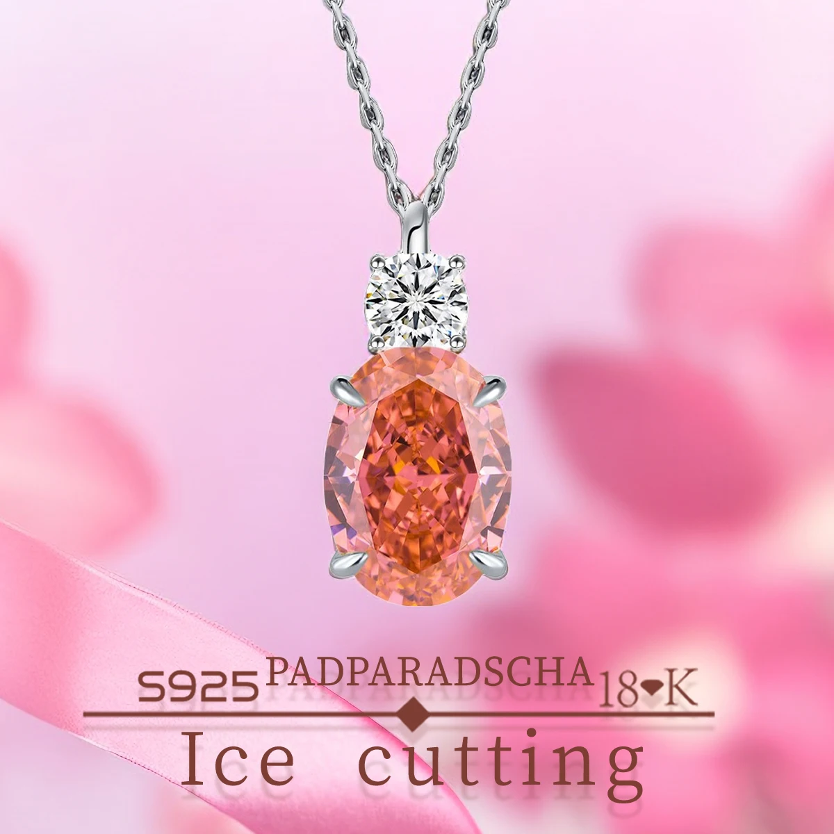 

S925 silver plated platinum and golden Oval pendant Classic style simple four-claw Excellent ice cut Padparadscha zircon