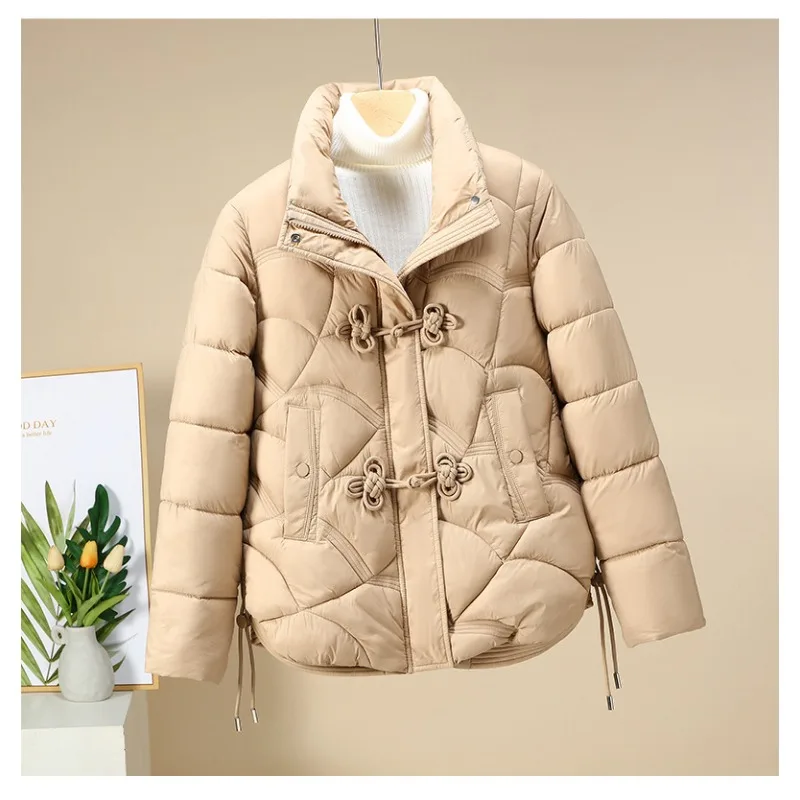 Women Autumn Winter Coat Long Sleeves Stand Collar Thick Warm Parka Buttons Puffer Jacket Korean Cotton-padded Jacket Short Tops