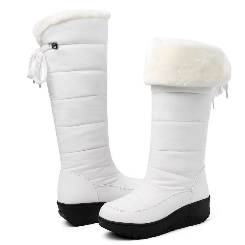 Woman Snow Boots Waterproof Winter Shoes Warm Fur Plush Casual Wedge Knee High Boots Girls Black White Rain Shoes Ladies women knee boots