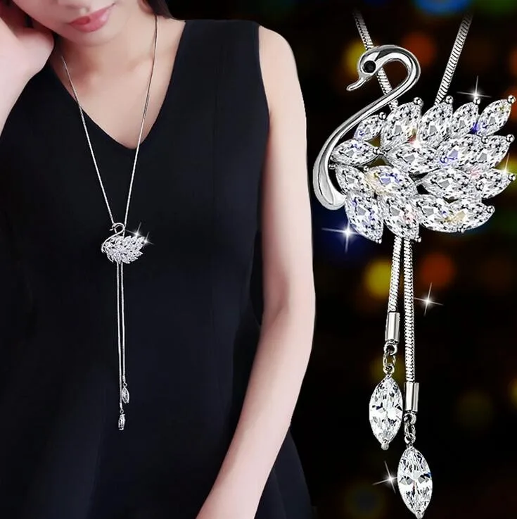 Women Swan Long Crystal Rhinestone Flower Necklace Pendant Sweater Chain Jewelry 