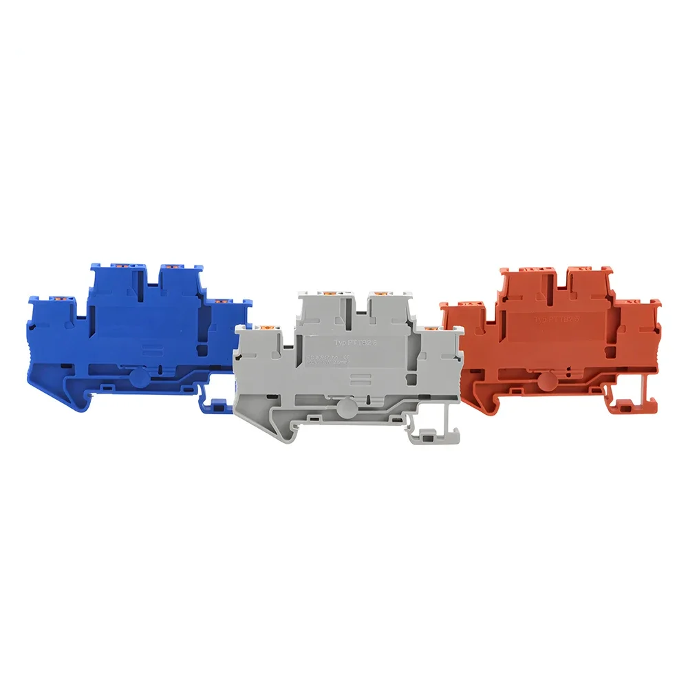 DIN Rail Terminal Block PTTB-2.5 10Pcs 4 Colors Double Layer Spring Clamp 24A 500V AWG26-16 PE Conductor