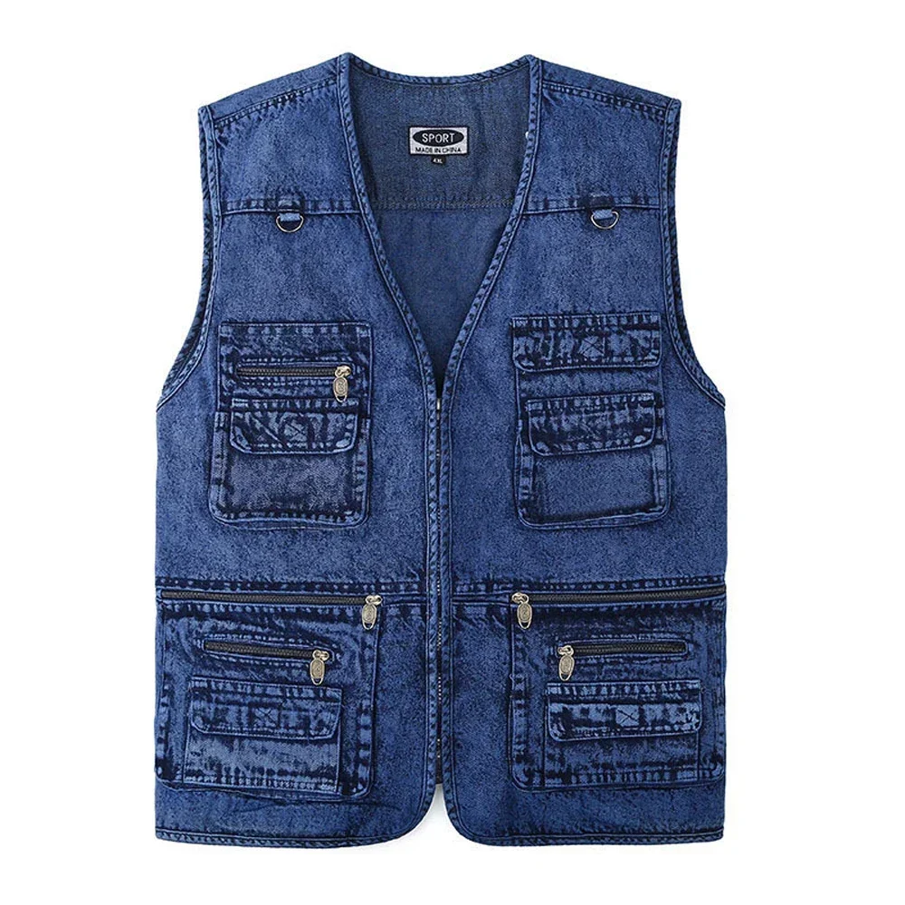 New Men's Denim Vest Jacket Dark Blue Black Sleeveless Truck Driver Cyclist Denim Jacket Multi-pocket Zipper Sleeveless Vest