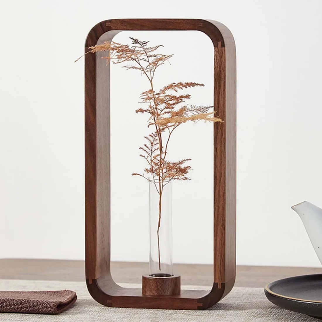 Solid Wood Test Tube Vase, Transparent Glass, Tabletop Decoration, Black Walnut, Green, Green, Living Room 2