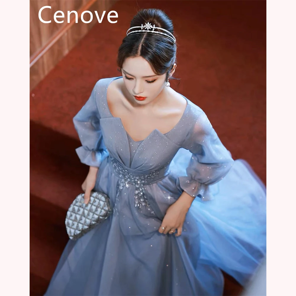 

Cenove A-Line Sky Blue V Neckline Prom Dress Long Sleeves With Ruffle Sequins Evening Summer Elegant Party Dress For Women 2023