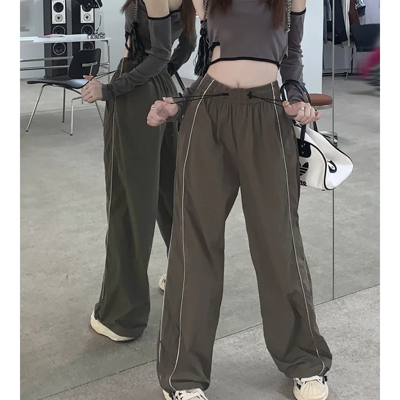 

Women's Black Drawstring Sweatpants Fashion High Waist Straight Wide Leg Pants Simplicity Baggy Bind Feet Trouser Ladies Autumn