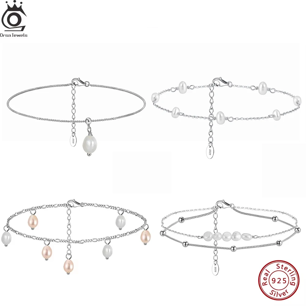 ORSA JEWELS 925 Sterling Silver Natural Freshwater Pearls Chain Anklets Baroque Pearls Charms Foot Chian Bracelet Straps SA74