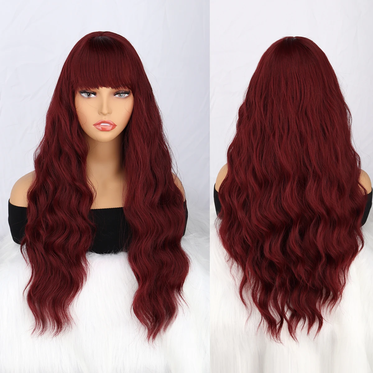 

Long Burgundy Red wig with bangs wavy curls bangs synthetic women's Burgundy Red long wig natural appearance suitable for daily