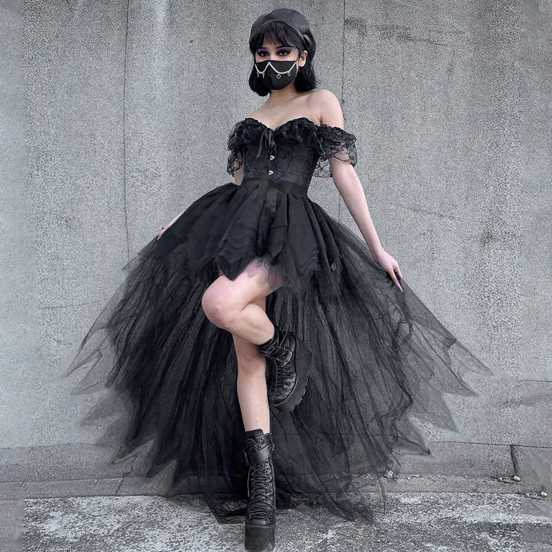 Irregular High Low Tulle Skirt Tiered Ruffles Black Mesh Easter Dress For Women Gothic Style