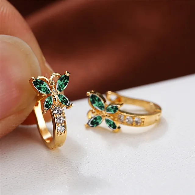 Cute Femal Crystal Stone Butterfly Hoop Earrings Vintage Gold Color Bridal Rainbow Zircon Small Wedding Jewelry For Women 1