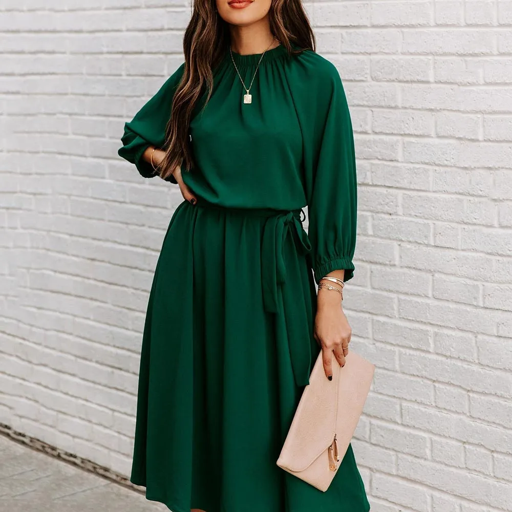 

Summer Green Fashion Lace Up Dress For Women's O Neck Elegant Ladies Half Sleeve Big Swing Party Dresses 2023 Spring Robe Femme