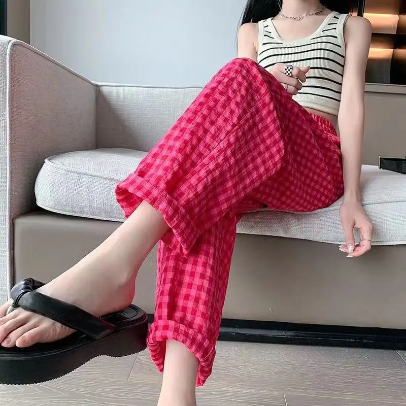 Summer Home Wear Plaid Nine-point Trousers Casual Relaxed Breathable Thin Elastic Waist Trousers Female Students Pajama Pants 5