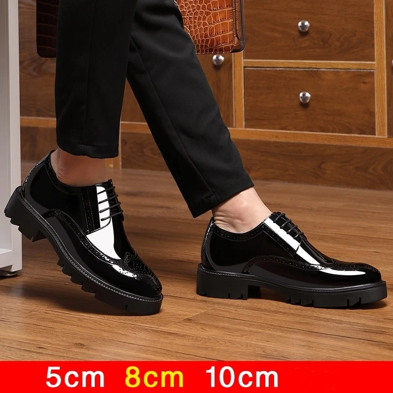Men's Elevator Shoes 10cm 8cm Luxury Men Brogues Patent Leather Shoes Man Height Increase Insole 10cm Business Wedding Man