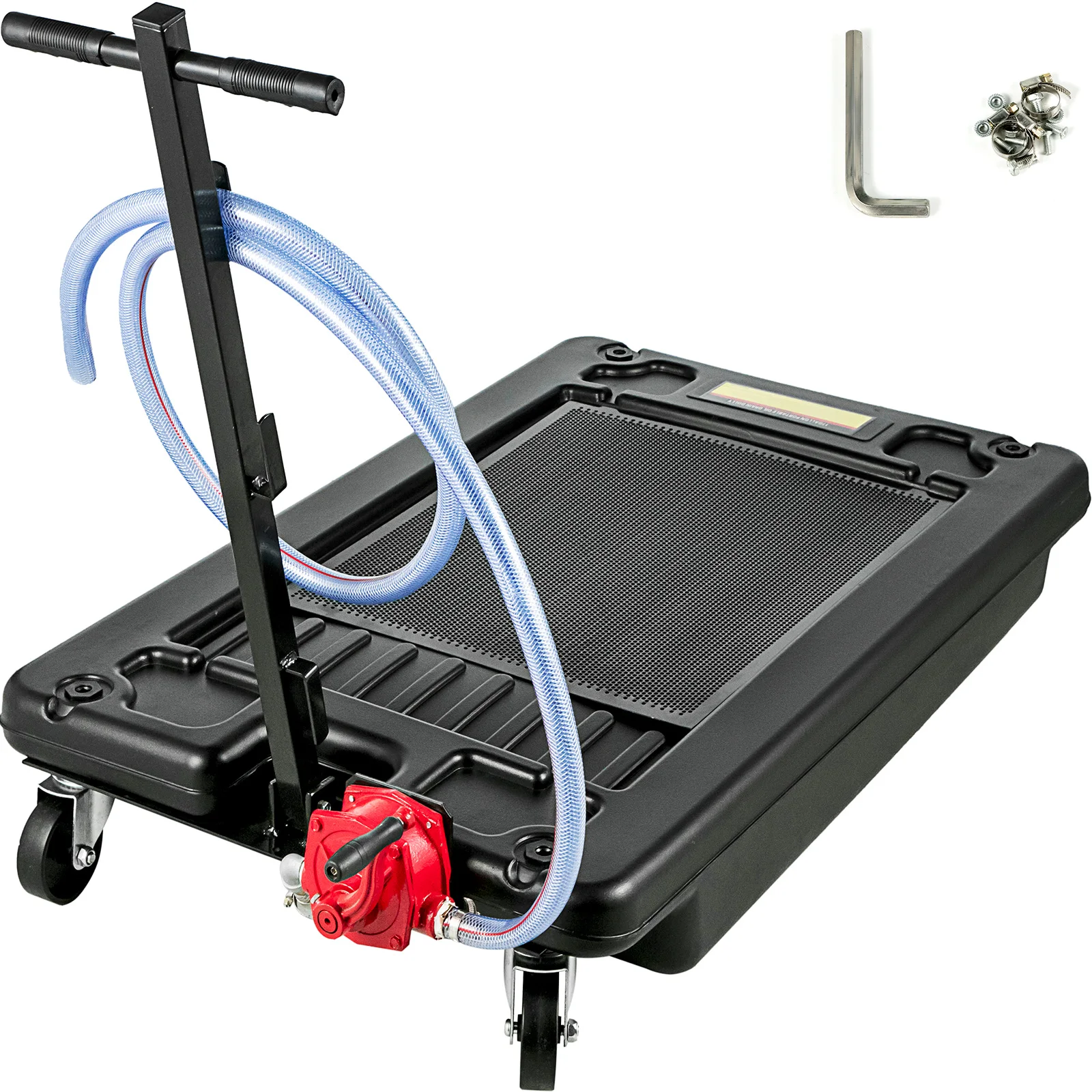 VEVOR Low Profile Oil Drain Pan 17Gal / 64L 4 Casters with Electric Pump Hand Crank 8/10 FT Hoses for Draining Oil or Antifreeze
