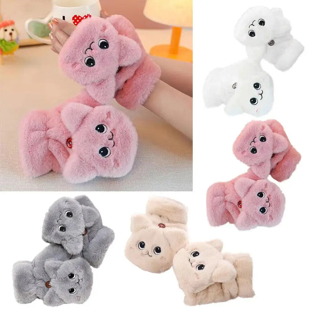 

Fashion Cute Women Plush Warm Glove Rabbit Cat Mittens Half Thick Finger Girls Flip Gloves Gloves Flexible Fingerless Winte W6J5