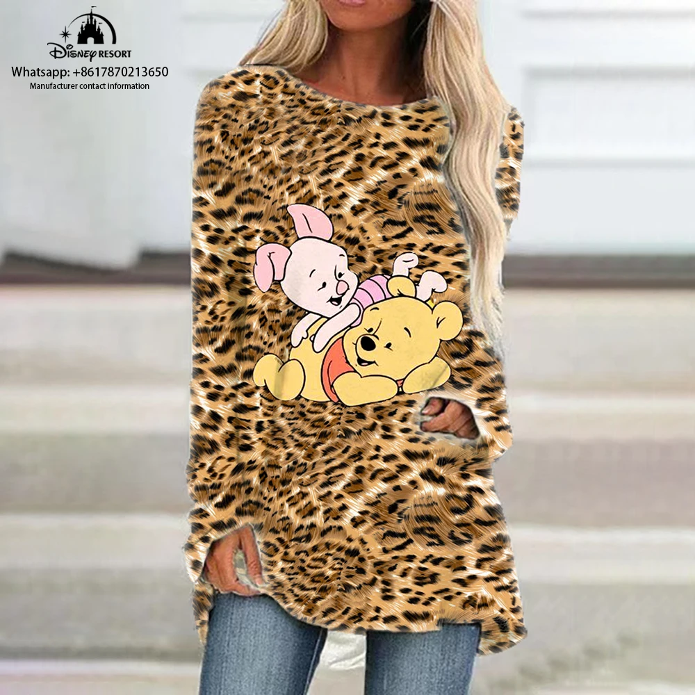 

Winnie the Pooh Leopard Print Series Anime Autumn New Ladies Round Neck Long Sleeve T-Shirt Disney Casual Raglan Sleeve Dress
