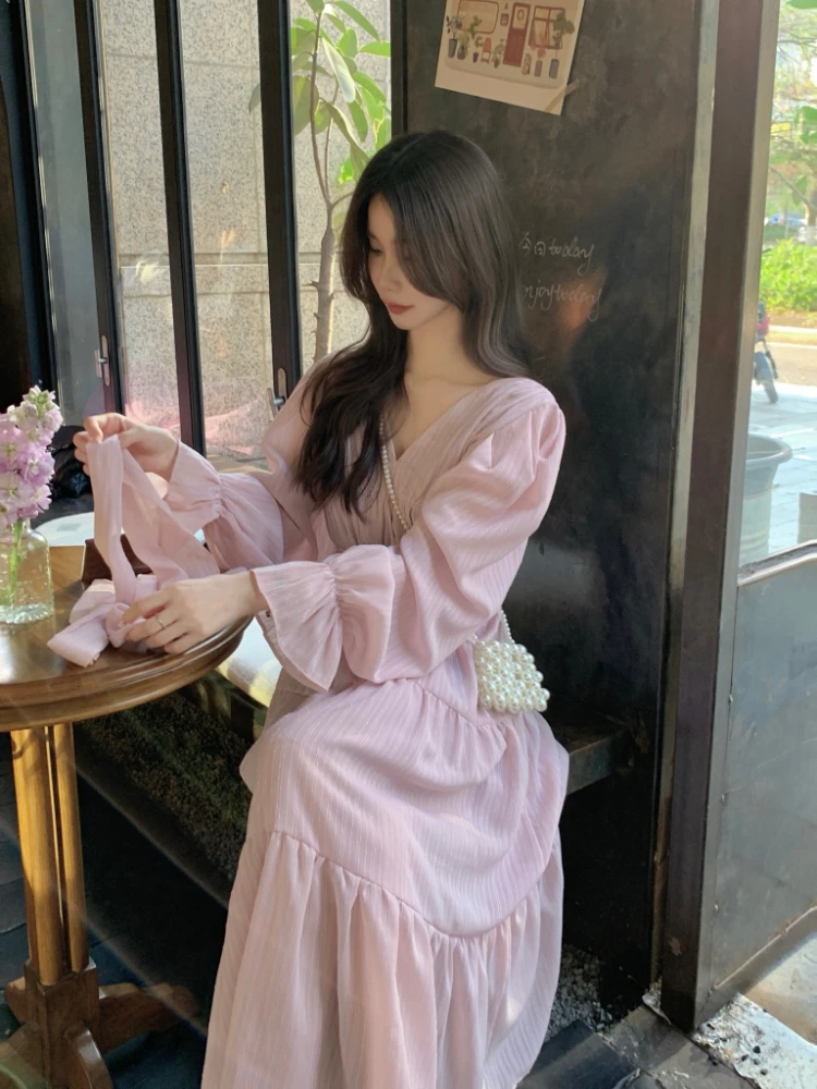 Elegant Autumn Midi Dresses for Women V-neck Flare Sleeves A-line Solid Korean Fashion Casual French Vintage Vestidos Mujer New