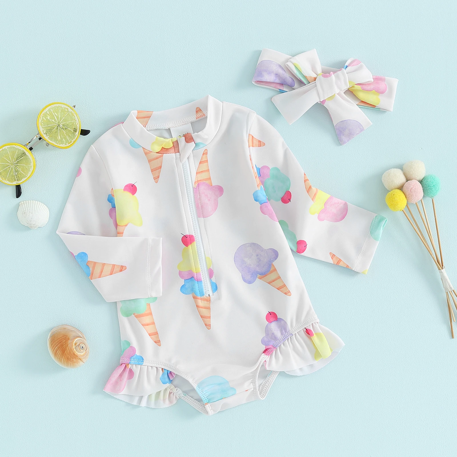 Infant Baby Girls Beach Swimwear Lovely Floral/Ice Cream Print Long Sleeve O-Neck Zip Up Ruffled Bathing Suit Toddlers Bikini