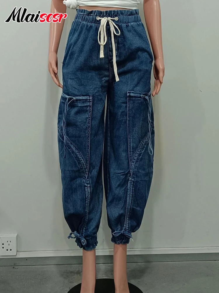Mlaiscsr Fashion Women Lantern Harem Jeans Drawstring Bandage Loose Blue Straight Wide Leg Denim Pants Streetwear Trousers y2k 4