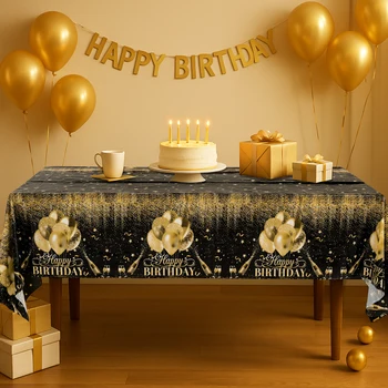 Nappe jetable noir or Rose or 220x130cm, décor de fête d'anniversaire pour hommes et femmes, couverture de Table, fournitures de fête 1