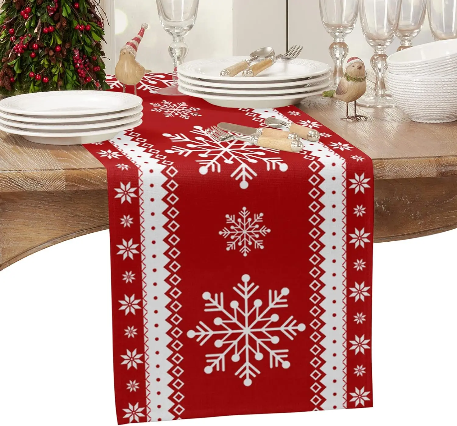 

Christmas Red Snowflake Linen Table Runners Dresser Scarves Table Decor Washable Xmas Dining Table Runners Christmas Decorations