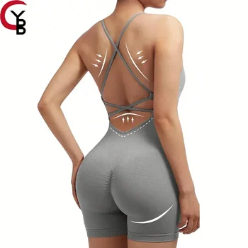 Yoga Sxy Criss Cross Backless Cami Sports Romper, Combinaisons pour femmes, Lit deau, One Piece Workout Fibrompers, Précieux Top Shorts