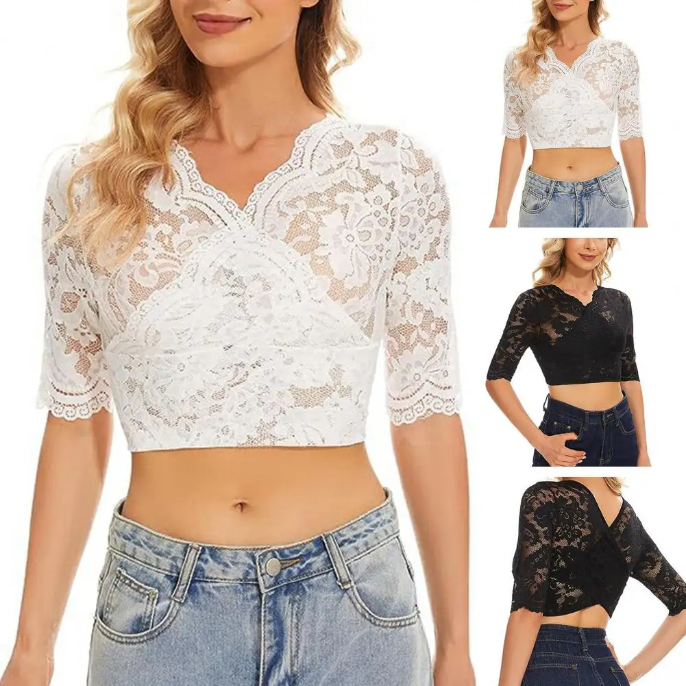 

Women Lace Wrap Chest Top Stylish Lace Crop Tops Women's See-through V Neck Camisoles with Flower Embroidery Slim Fit Half for A