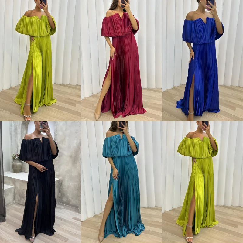 

Autumn And Winter Organ Pleated Off Shoulder Split Elegant Sexy Dress Girl