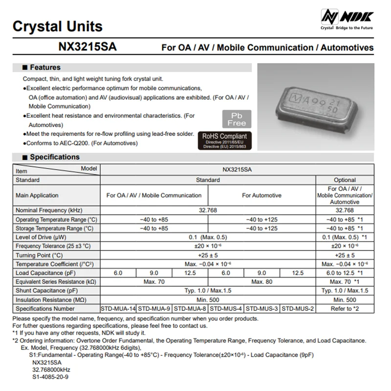 (10PCS) NX3215SA-32.768K-STD-MUS-2 3.2MM*1.5MM CRYSTAL 32.7680KHZ 12.5PF SMD NX3215SA KHz crystal (fork)