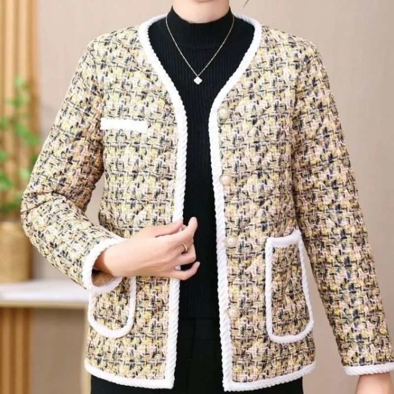 

Mommy Outfit Autumn and Winter New Fashion V-Neck Elegant Plai Printing Padded Clothes Button Pockets Splicing Long-sleeved Coat