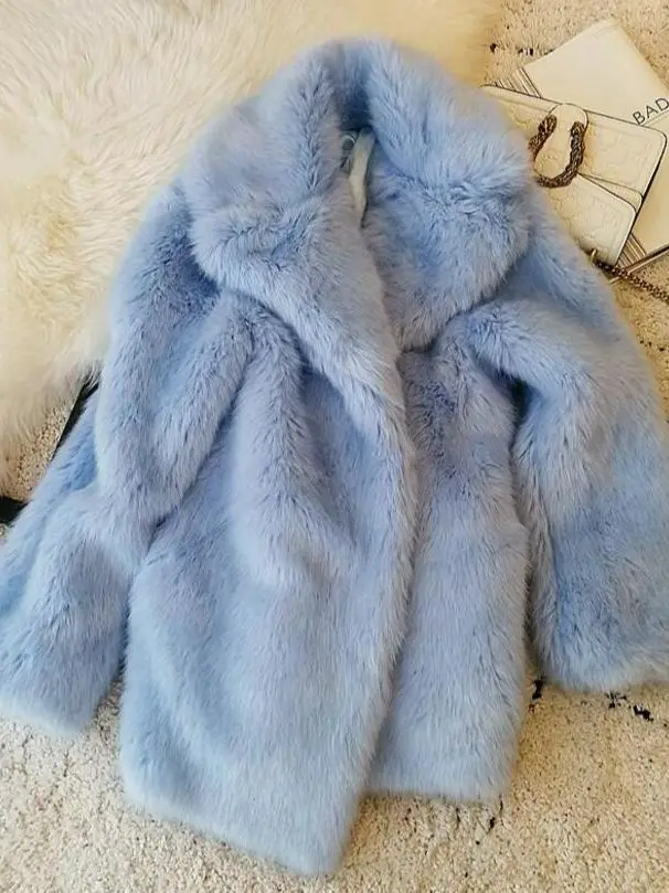 HIGH QUALITY Winter Lapel Hairy Shaggy Faux Fur Jacket Aqua blue